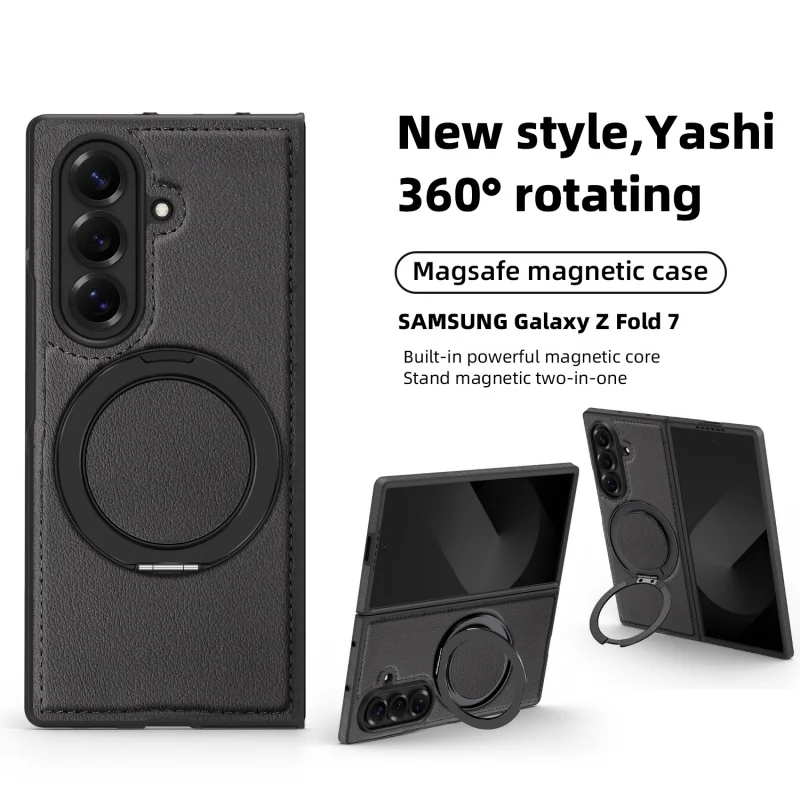 

For Samsung Galaxy Z Fold7 Fold6 Fold5 Fold4 Case Magsafe Magnetic 360° Rotation Smart Metal Holder Stand Matte Leather Cover