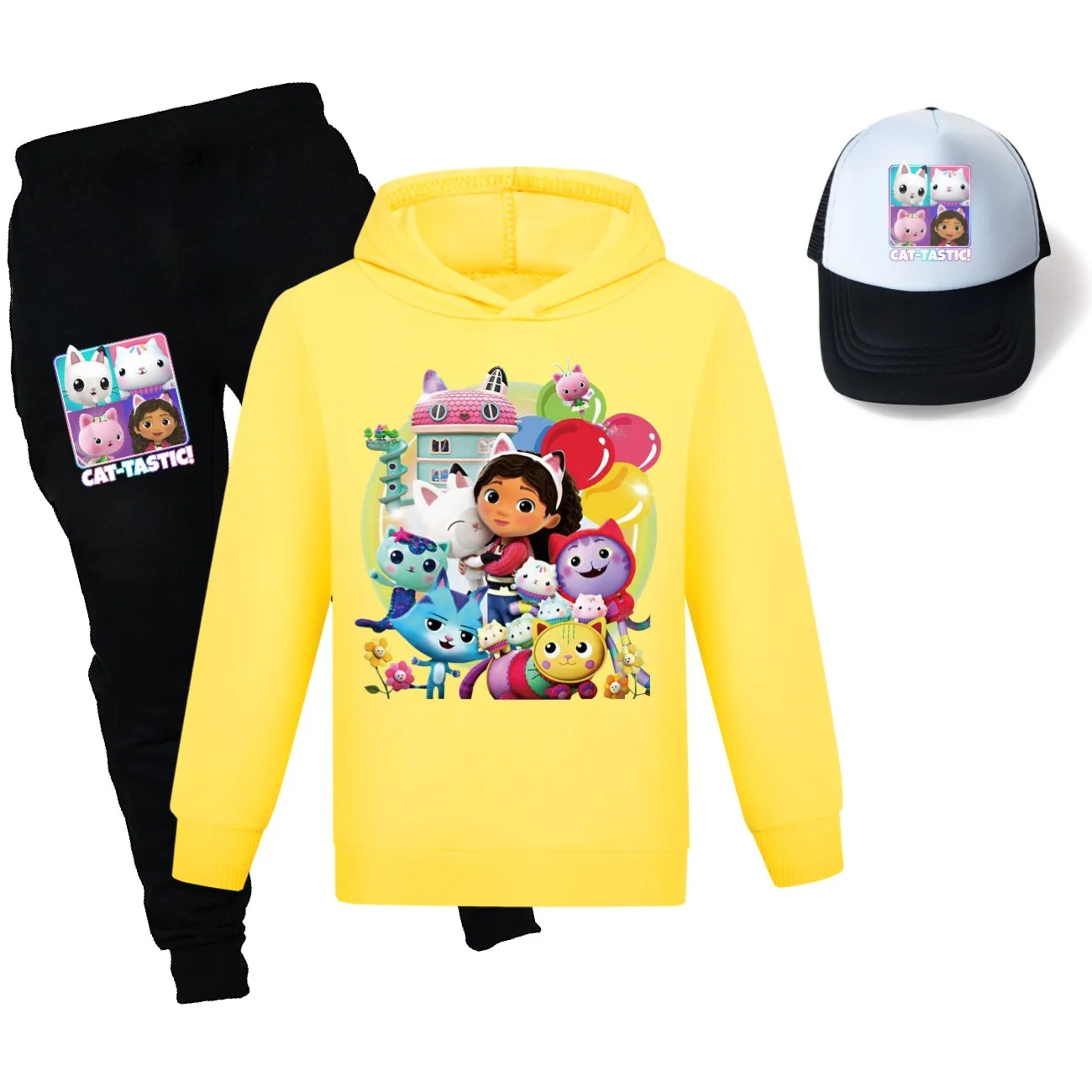 Conjunto de ropa de dibujos animados de Gabby Doolhouse para niños, ropa de Chat de Gabi para niñas, Sudadera con capucha + Pantalones de Jogging y sombrero para el sol, trajes de 3 piezas, primavera y otoño