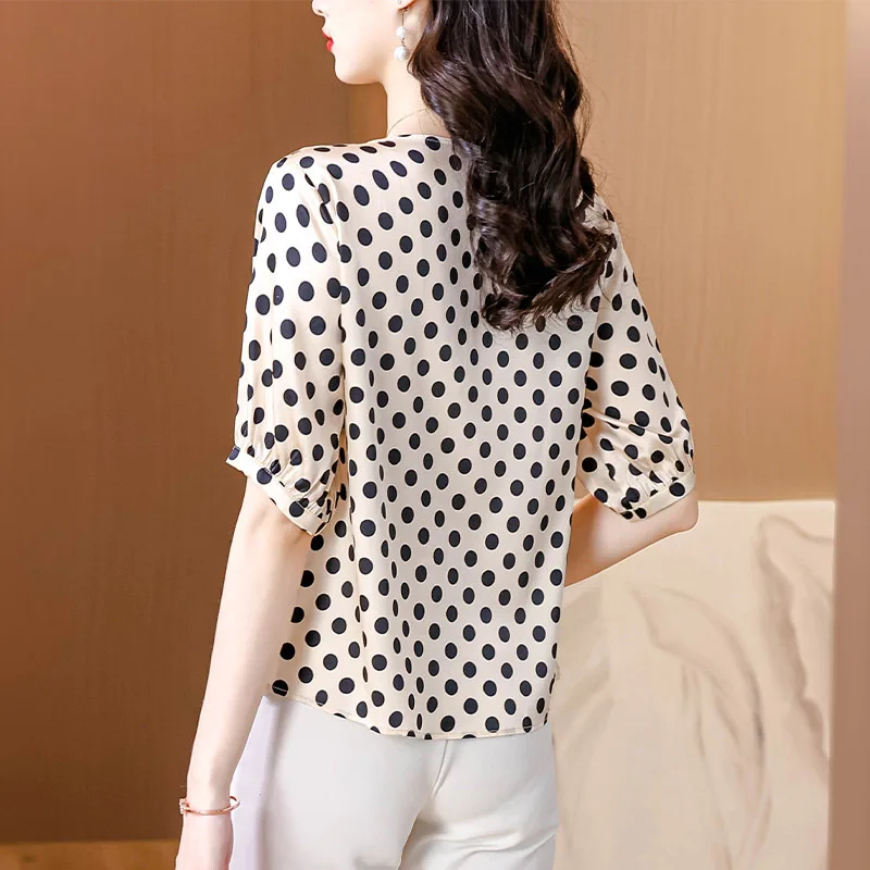 Women Clothing Fashion Polka Dot Print Chiffon Blouses Summer Elegant Chic O-neck Short Sleeve Shirts Loose Pullovers M-3XL