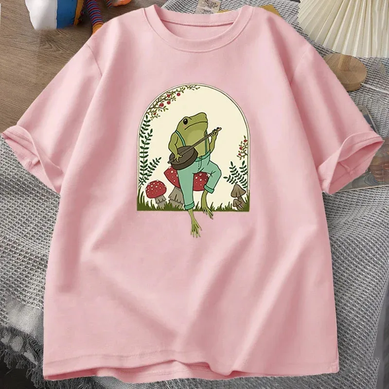 Cute Cottagecore T-shirts Aesthetic Frog Playing Banjo on Mushroom T Shirt Men Summer Cotton Short Sleeve Tee Shirt Mens Clothes