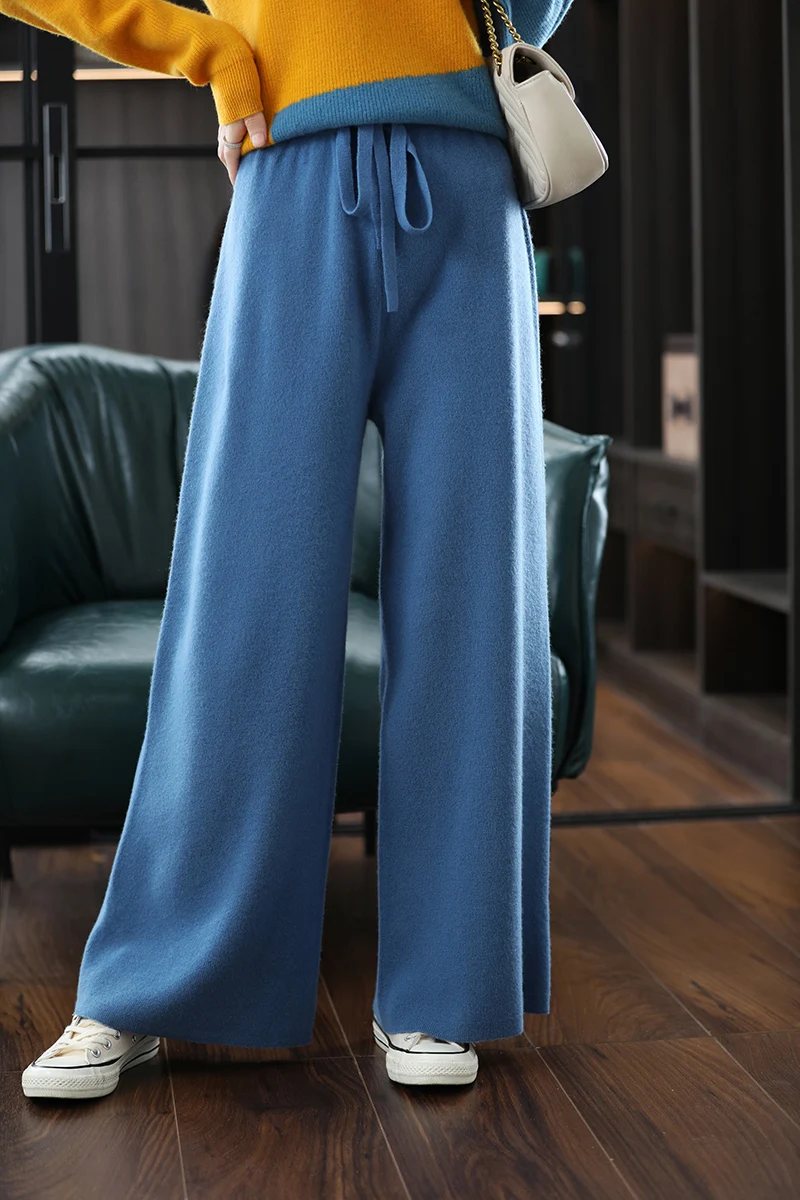 

Fashion Women Palazzo 100% Merino Wool Pants Long Trousers Drawstring Design Cashmere Soft Simple Casual Solid Color trousers