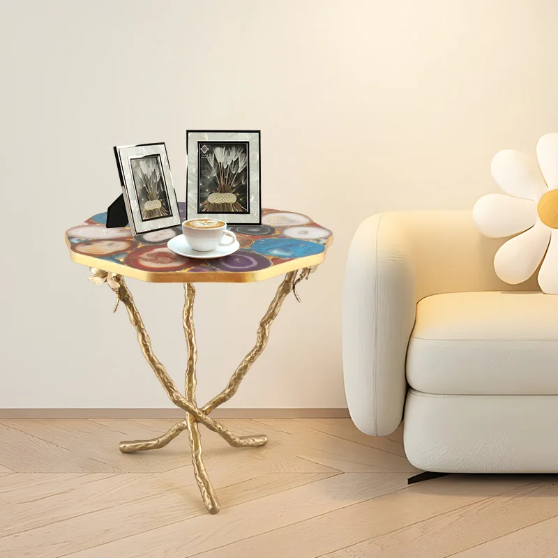 

Brass afternoon tea corner few villa hotel designer living room side few light luxury colorful agate desktop coffee table