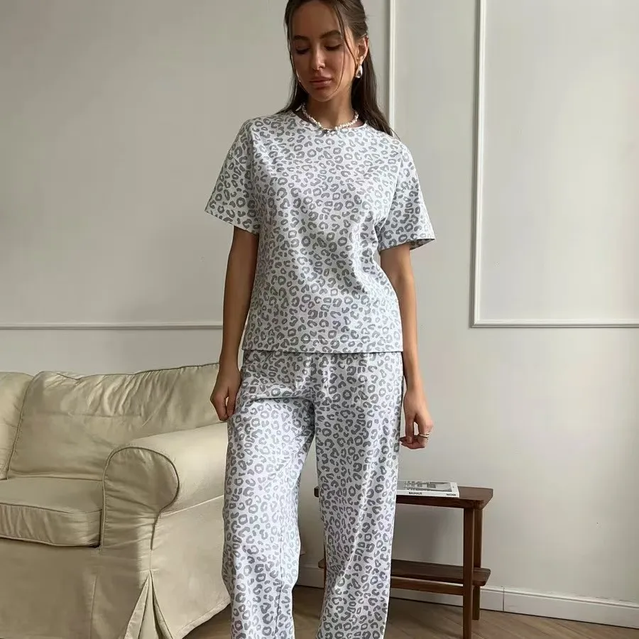 

Faionable Leopard Print ort Sve Top And Pants Set Home Clothes Youth Summer Thin Fabric round Ne Casual Home Wear