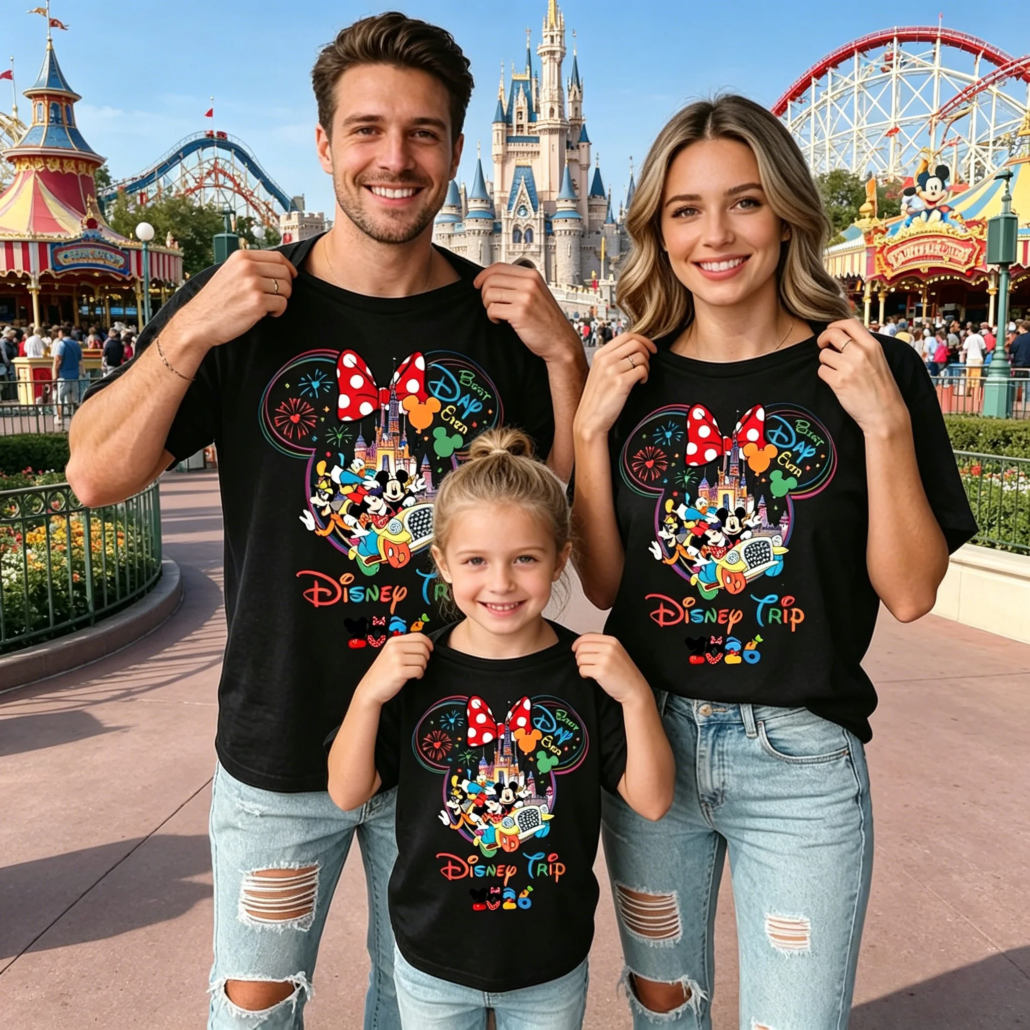 parent-child attire Mickey Mouse Cruise Print Pattern Style FamilyParentChild Adult Children's Pure Cotton Short-Sleeved T-Shirt
