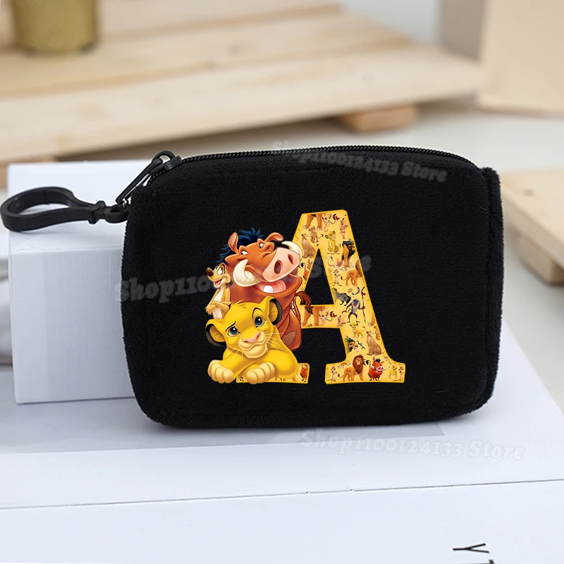 Lion King Simba Kids Coin Purse Letter A-Z Disney Pumbaa Cartoon Print Plush Portable Wallet Men Woman Storage Mini Bag Boy Gift