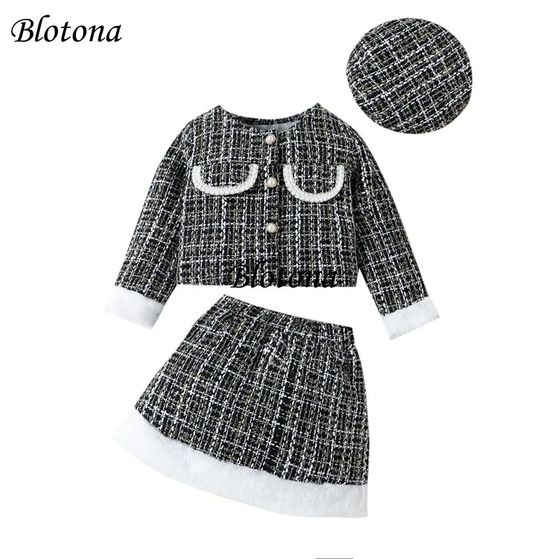 Blotona Little Girl Elegant Outfit Long Sleeve Button-up Jacket Fuzzy Trim Mini Skirt Beret Hat 3 Pcs Set