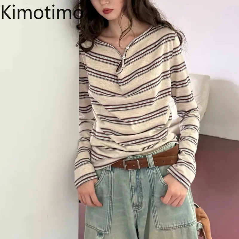 Kimotimo Vintage Striped Long Sleeve T-shirts Women Button Swing Collar Loose Contrast Color Tops Korean Fashion Y2k Casual Tees