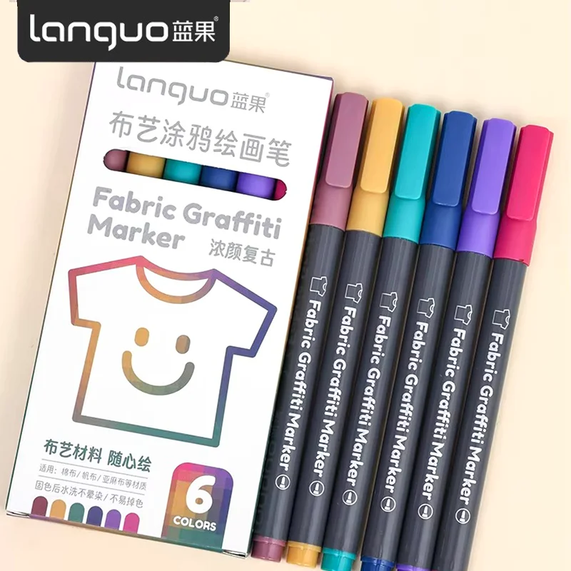 Languo 6pcs/set Fabric Markers, Large Ink Capacity, Washable & Reusable, for DIY Shoes, T-shirts, Canvas Bags Graffiti Drawing