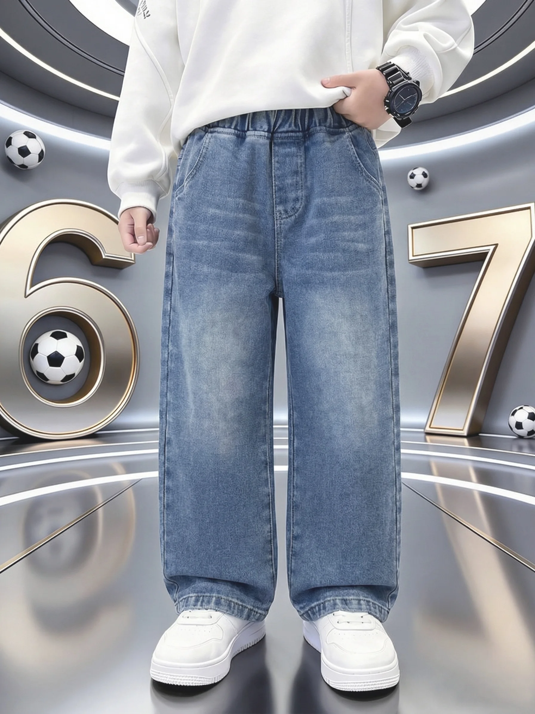 Original-Jeans für Jungen, trendige, gewaschene Denim-Hosen, Jungen-Cartoon-Druck mit der Nummer „67“, locker sitzende lange Hosen für Kinder – Detail 2