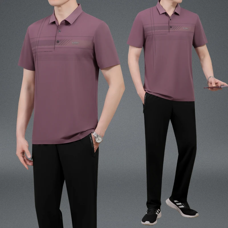 

Комплект из футболки и шорт из ледяного шелка для пап: летняя одежда для мужчин среднего возраста, легкая, свободного кроя, однотонная, повседневная.