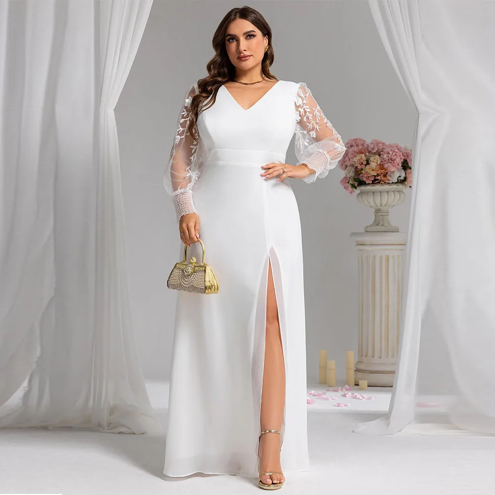 

Customized Elegant Women's V Neck Trendy Embroidered Long Sleeves A Line Chiffon Split Plus Size Formal Evening Dress 2025