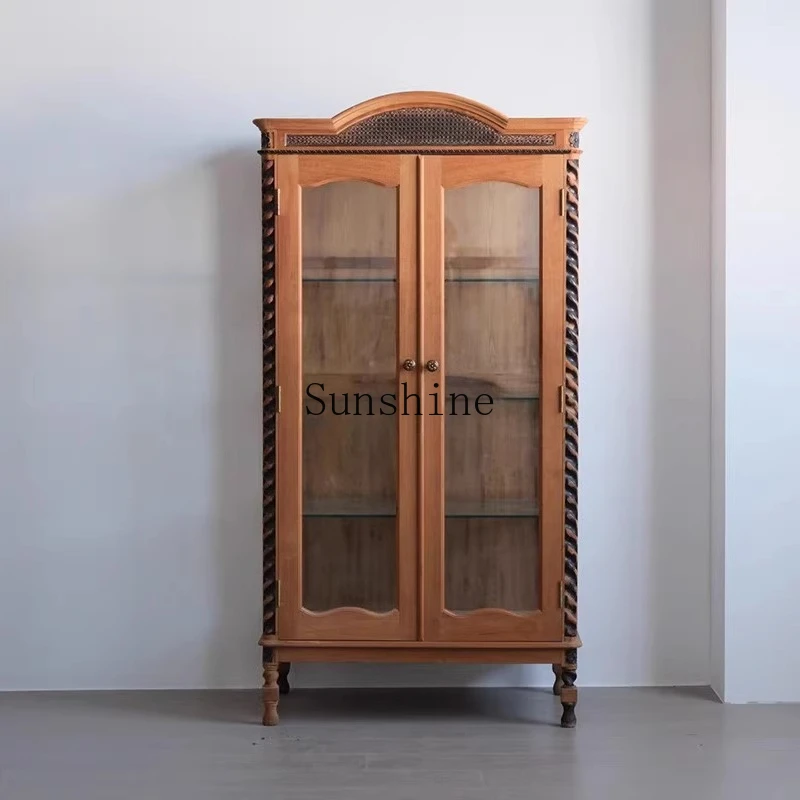 

French retro solid wood old carving display glass cabinet against the wall rattan home