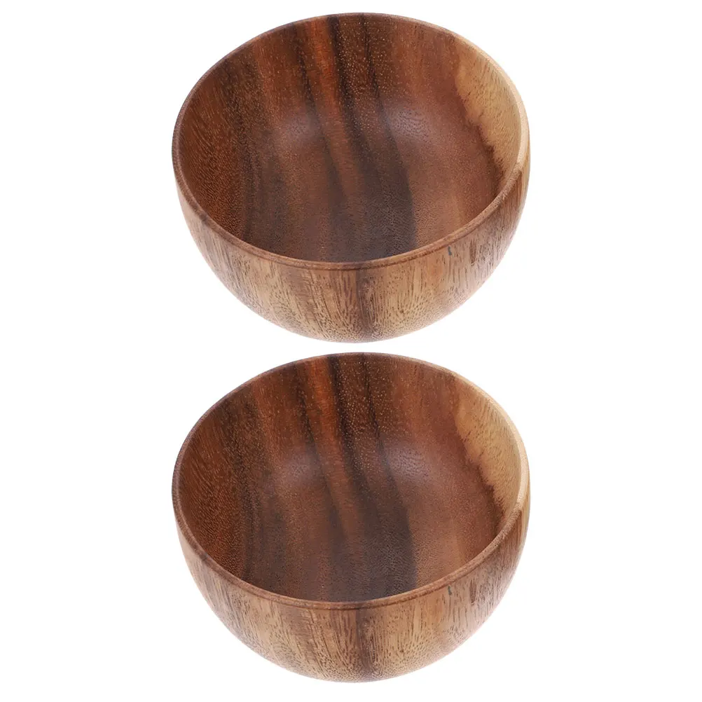 

2pcs Natural Wood Simple Style Soup Noodle Kitchen Supplies Wooden Food Storage Snacks Serving Bowl Decorative Fruit Salad Bowl