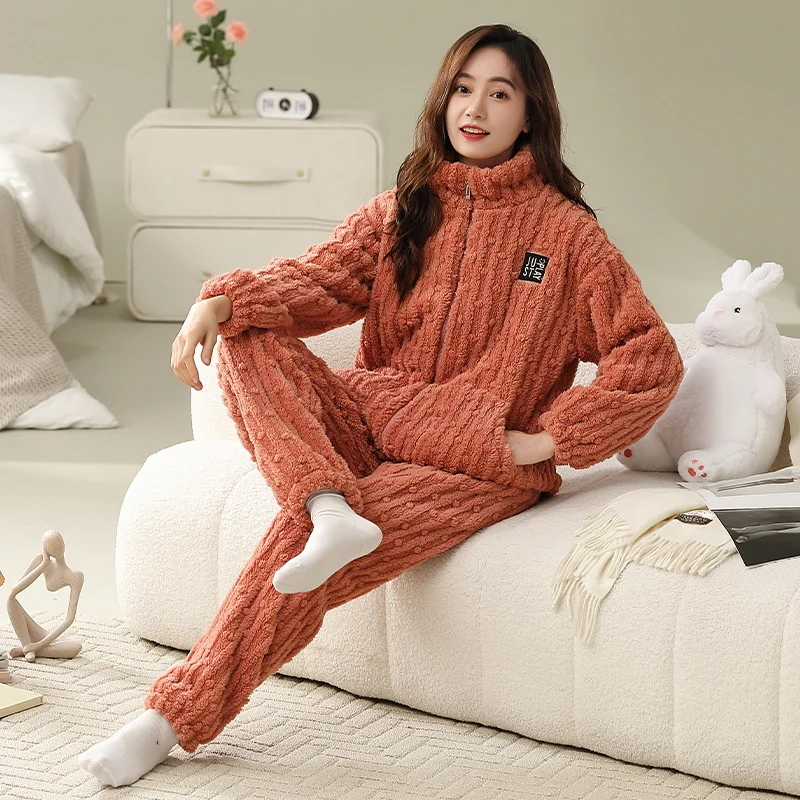 Big Size M-5XL Winter Thick Warm Women Flannel Pajamas Set Solid Homewear Female Nighty