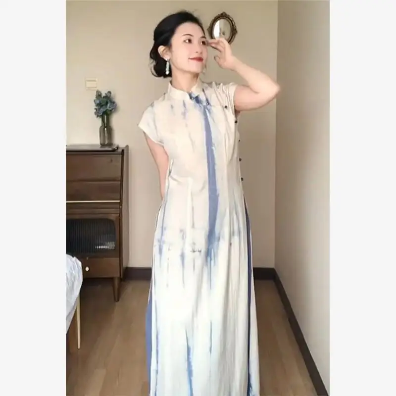

Ele White Blue Stripe Dr Summer Slimming High End Precision Long Skirt Sle A-Line Gown Folded Sves