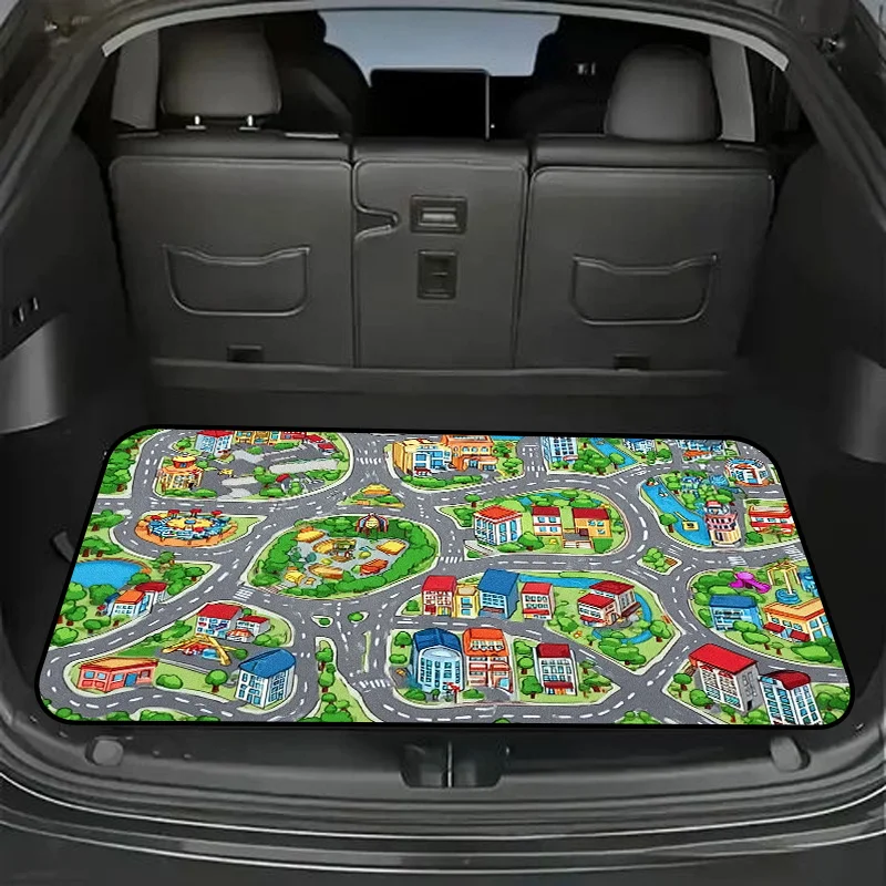 1pc A Trendy Car Trunk Mat Featuring A Colorful City Map Design With Different Buildings, Roads, Trees, And Playgrounds. Made Fr