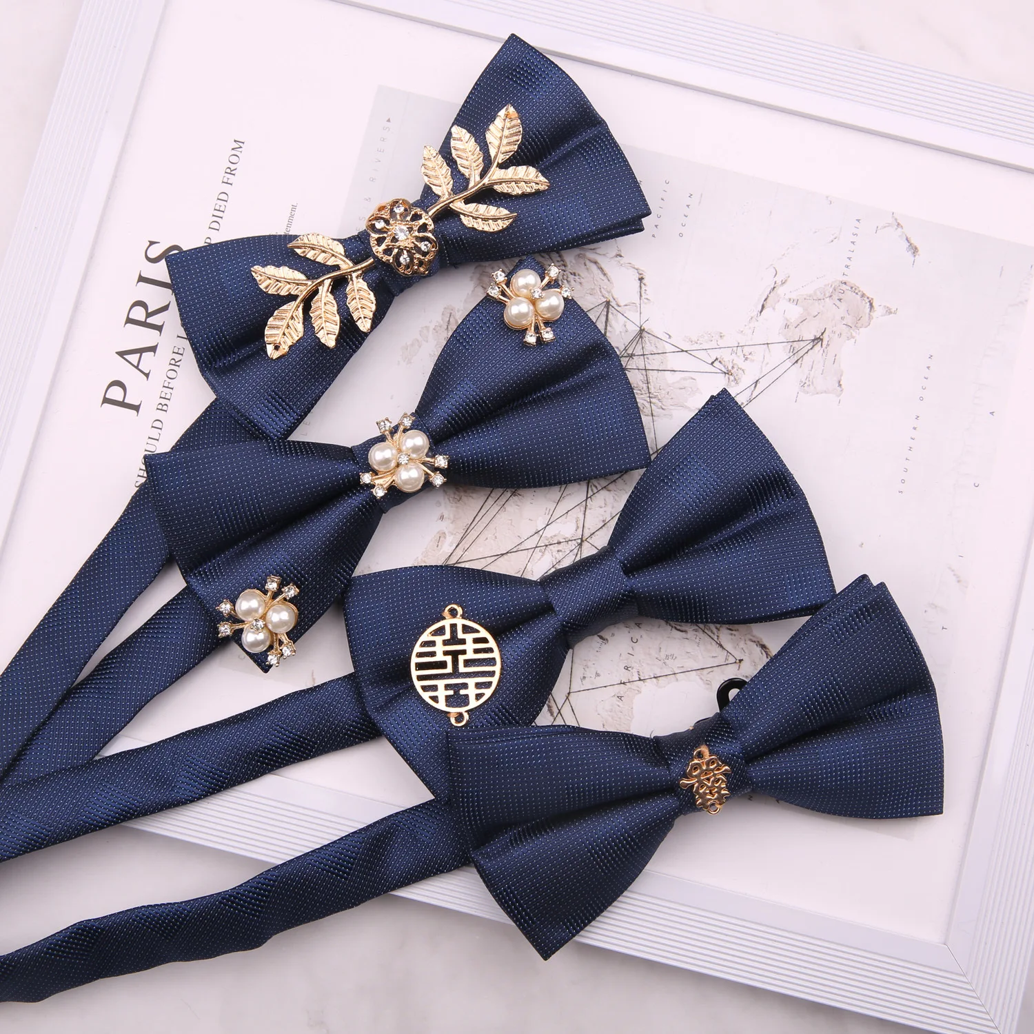 12*6CM High-grade Dark Blue Black Wine Solid Metal Double Happiness Inlaid Polyester Bow Tie for Groomsman Wedding Necktie