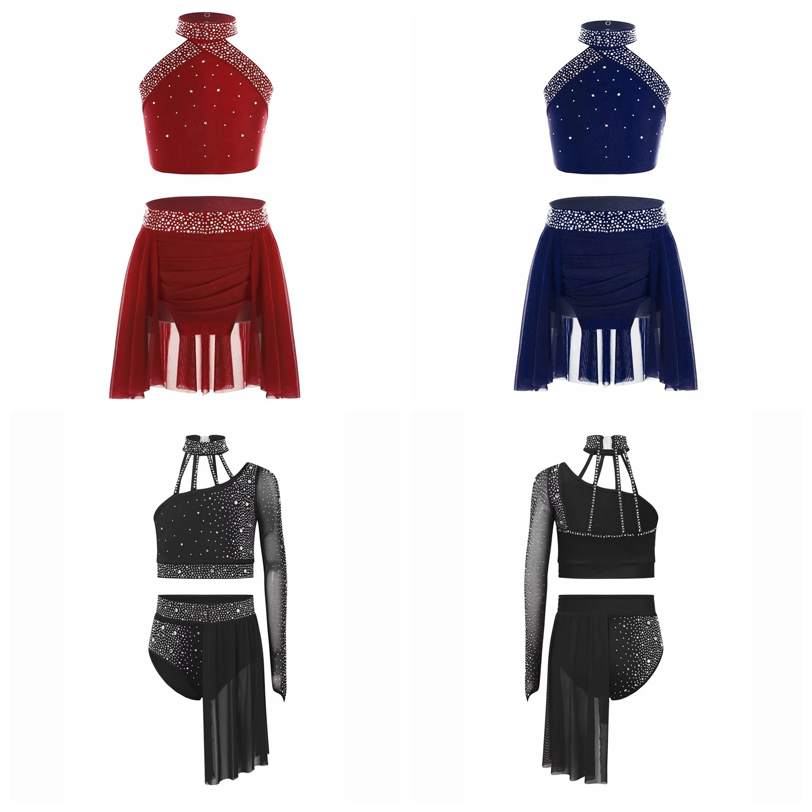 

Kids Girls Ballet Dance Outfit Contemporary Modern Lyrical Dance Costume Sheer Mesh Crop Top + Irregular Skirt Gymnastics Sets