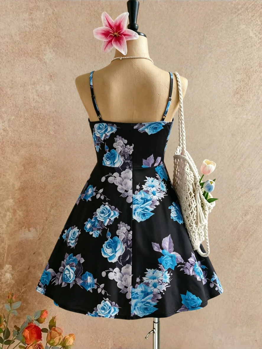 Plus Size Women Spaghetti Strap U Neck Blue Floral Print High Waist Swing Mini Dress 2026 Summer Y2K Black Background Sleeveless view 2
