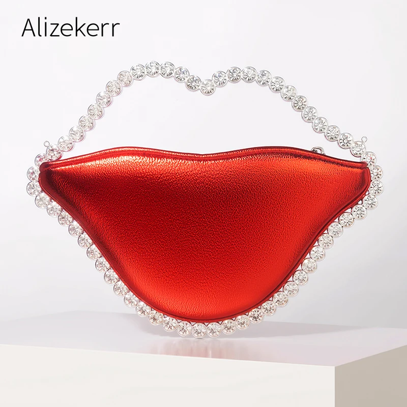 

Lip Shaped Rhinestone Evening Clutch Bags Women Luxury Designer Boutique Novelty Acrylic Handle PU Purses Bridal Wedding Party