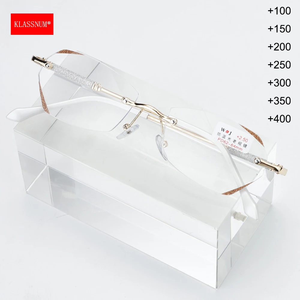 Reading Glasses Women Frameless Diamond Cut Edge Presbyopia Eyeglasses Clear Lens Magnifier Computer Reading Glasses 0 To +4.0
