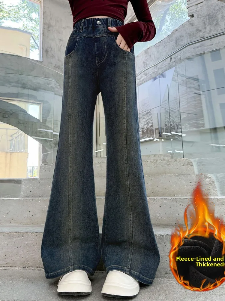 

Girls Thiened Fce Lined Bell Bot Jeans Elastic Waist Autumn Winter Sle Korean Loose Fit Denim Trousers for Teens