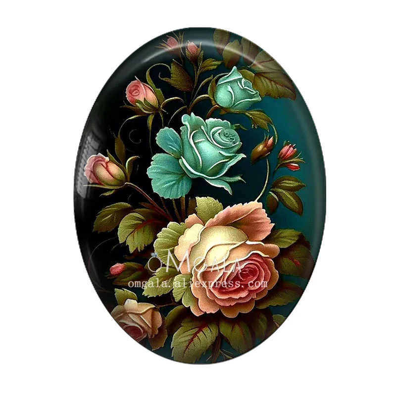 Vintage Oil Paintings Flowers Pattterns 13x18mm/18x25mm/30x40mm Oval photo glass cabochon demo flat back Making findings