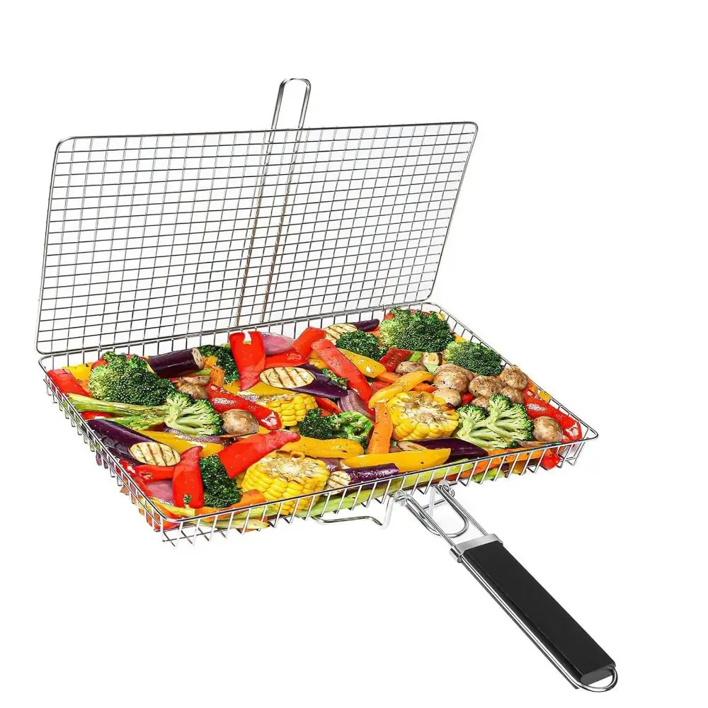 Food Grade Stainless Steel Grill Basket Large Size Lockable Design Fish Grill Basket Heavy Duty Easy Clean BBQ Grill Basket