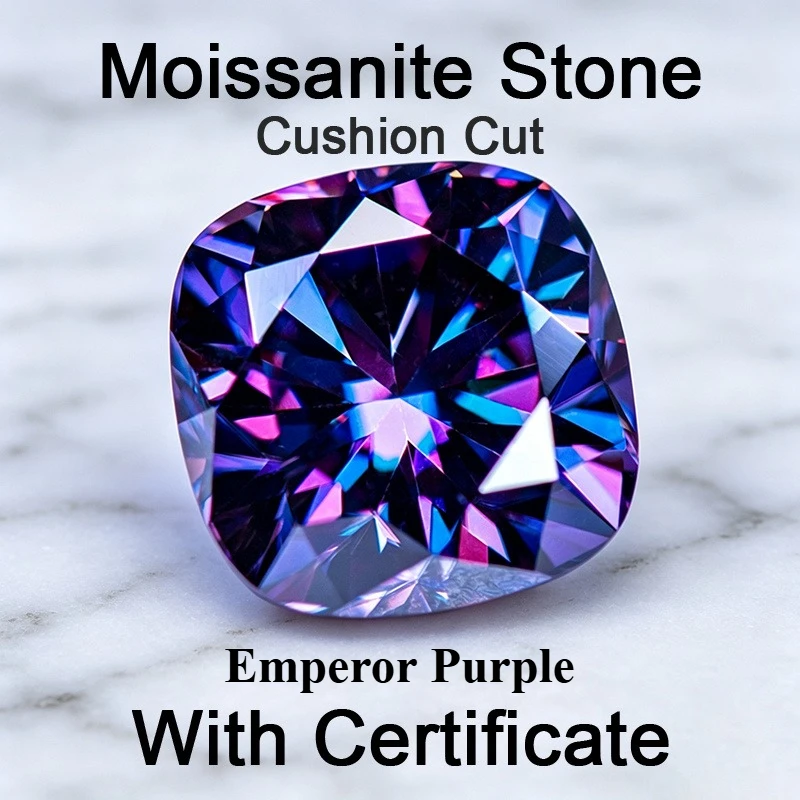 Moissanite Stone Emperor Purple Color Cushion Cut Charms Gemstone for DIY Ring Necklace Earrings Main Materials with Certificate