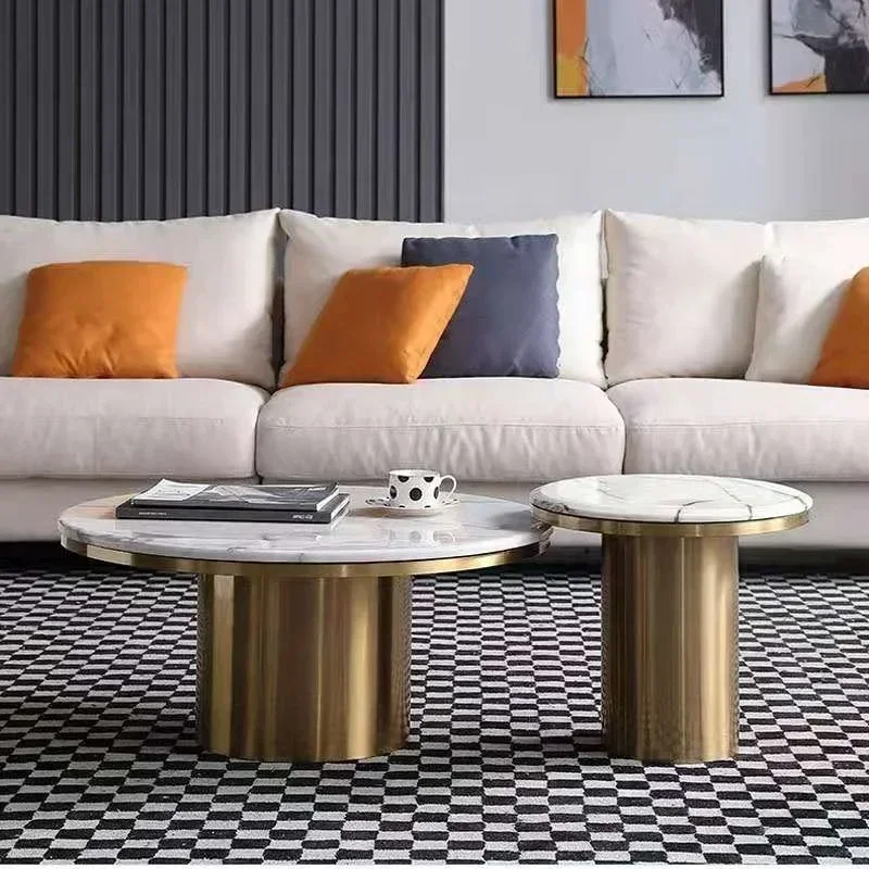 wholesale modern round coffee table set 2  luxury marble top gold stainless steel living room center table with side table