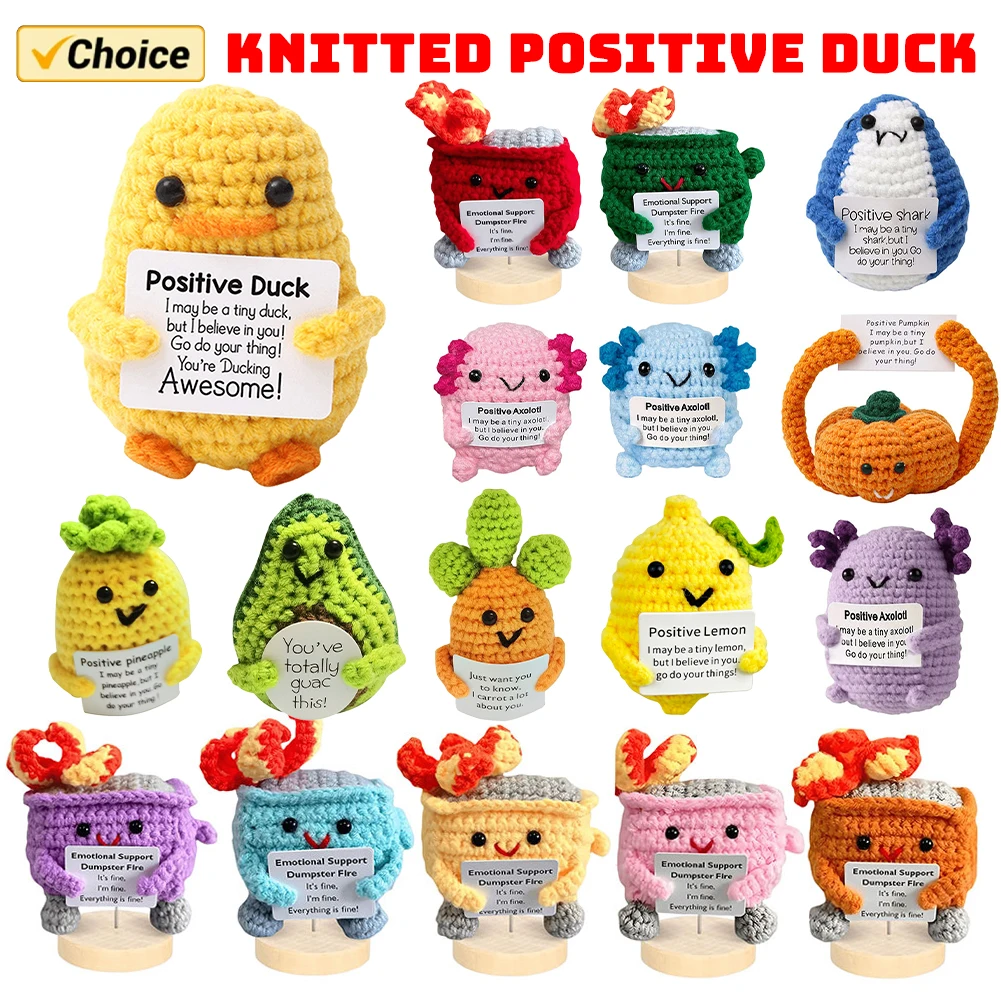 Crochet Yellow Duck Handmade Duck Ornaments with Positive Card Emotional Support Toy Creative Cheer Up Ornaments for Home Office