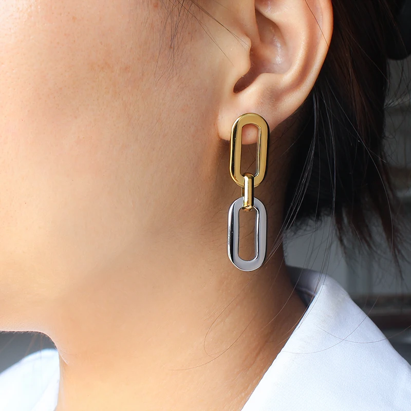 Rectangular Links Geometric Mix Color Long Drop Earrings for Women Stainless Steel Earrings Studs Everyday Wear