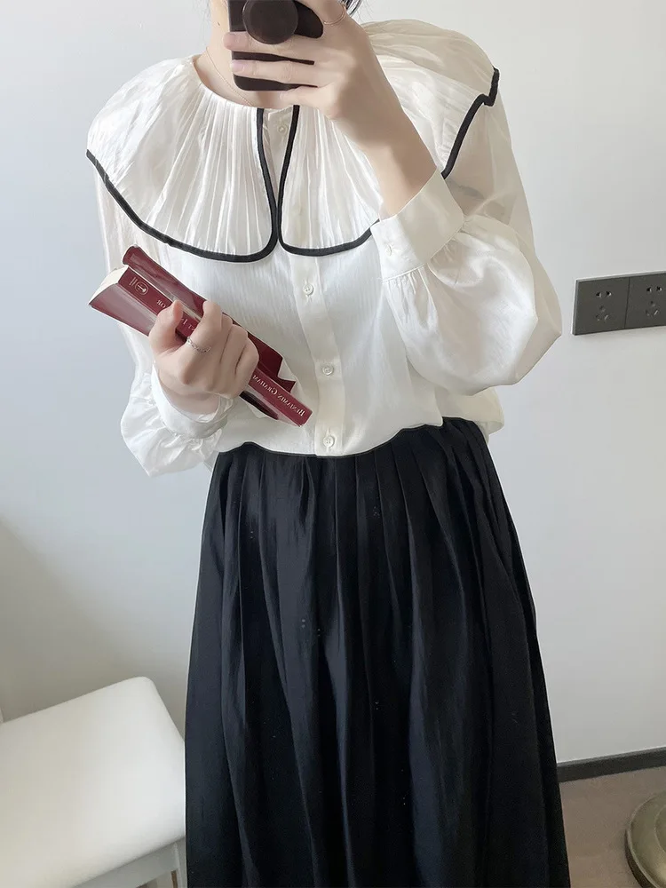 Japan Style Pleated Ruffle Edge Doll Collar Shirt Sweet And Fashion All Match Sheer Shirt Women 2024 Spring Summer X778