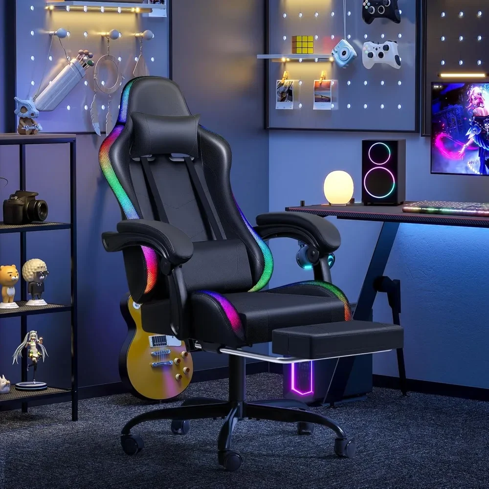 Gaming Chair with RGB LED Lights, Video Game Chair with Footrest and Massage Lumbar Support, High Back Reclining image 2
