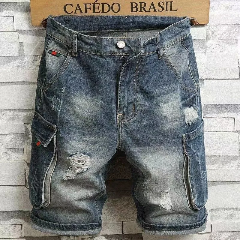 Straight Short Jeans Pants for Men Trend 2024 Y2k Thin Man Denim Shorts Wide Rude Korean Fashion Baggy Distressed Retro Designer