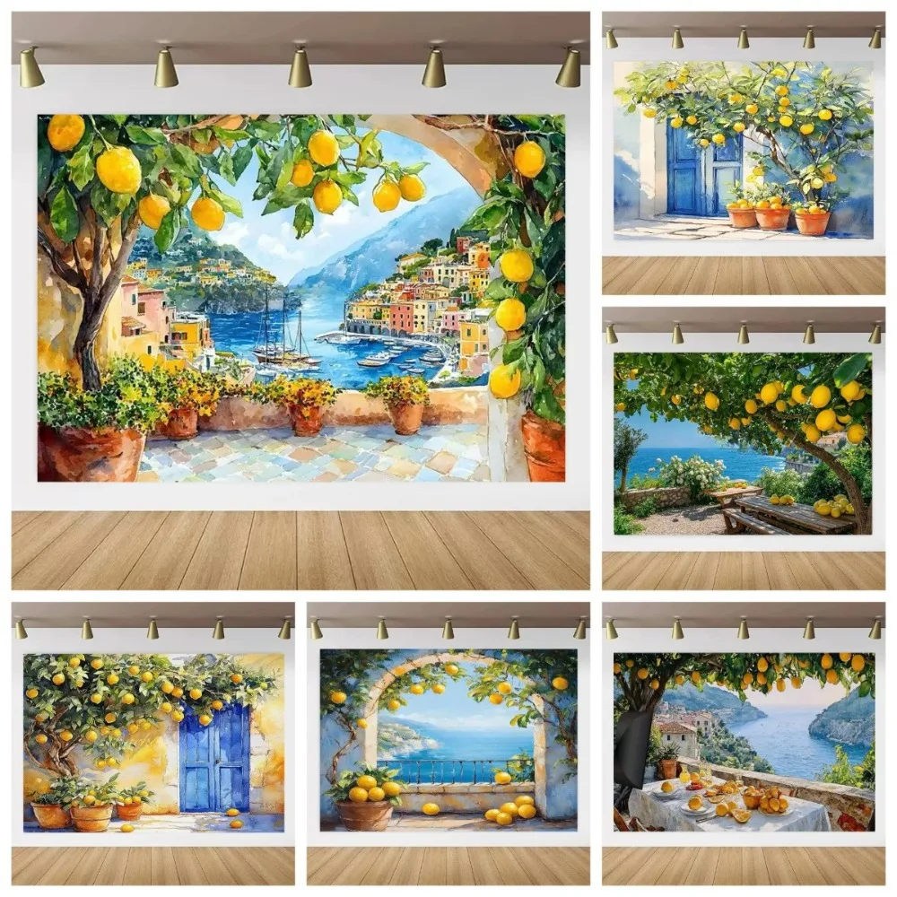 

Mediterranean Landscape Garden Lemon Tree Harvest Theme Banner Backdrop, Anniversary Room Decoration Banner Photography Backdrop