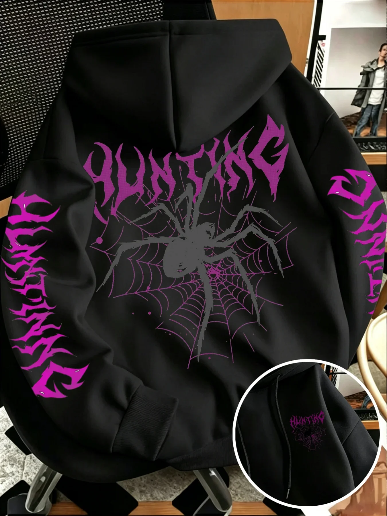 Men's Hoodies Spider Web Gothic Printed Sweatshirt Dark Style Graphic Hooded Pullover Streetwear Y2K Casual Oversized Tops