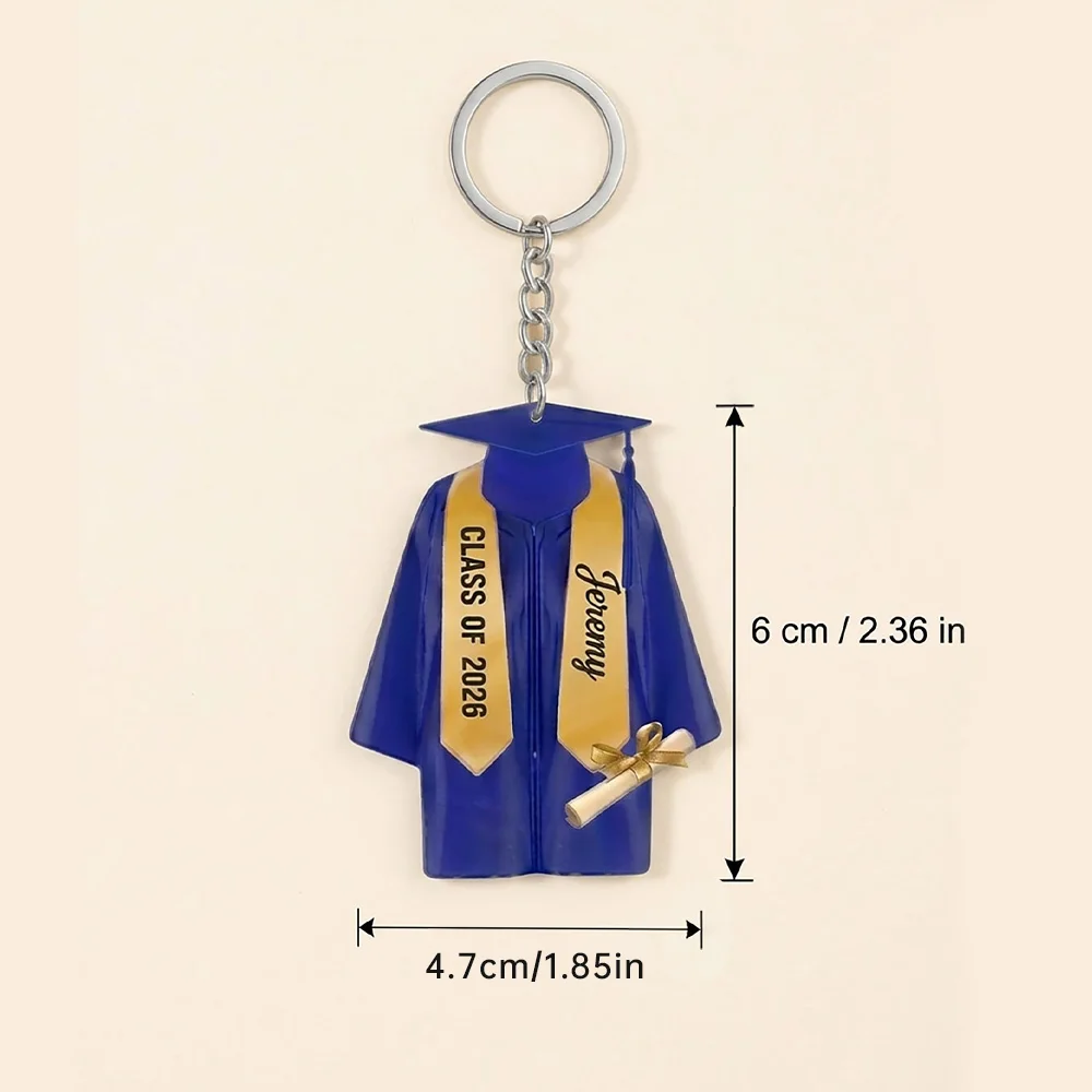 Personalized Graduation Keychain, Custom Name and Class Year Acrylic Cap and Gown Keyring, Grad Gown Charm with Gold Sash Diplom