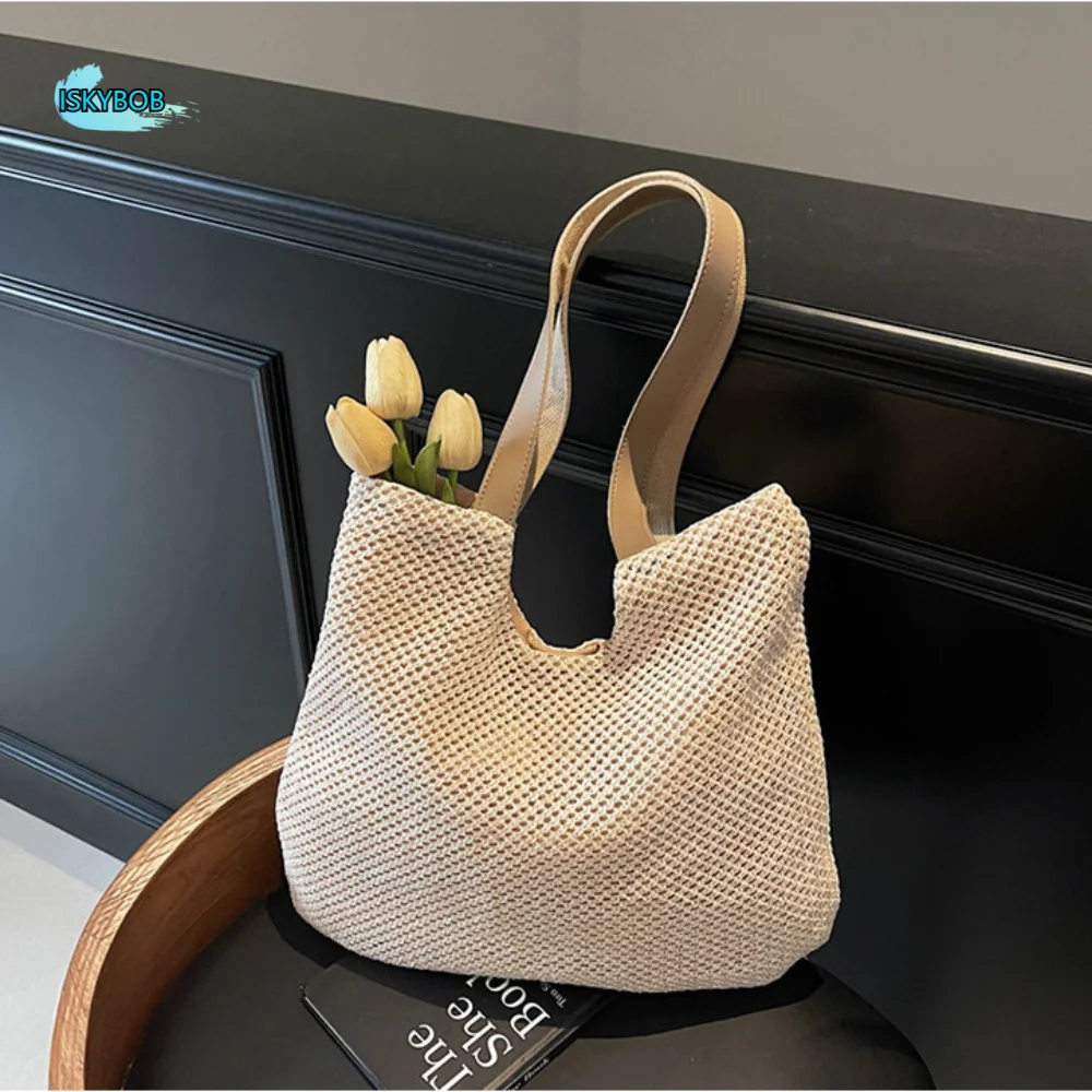 

Simple Square Weave Straw Tote Bag Bohemian Style Magnetic Buckle Beach Bag Handbag Large Capacity Raffia Shoulder Bag Travel