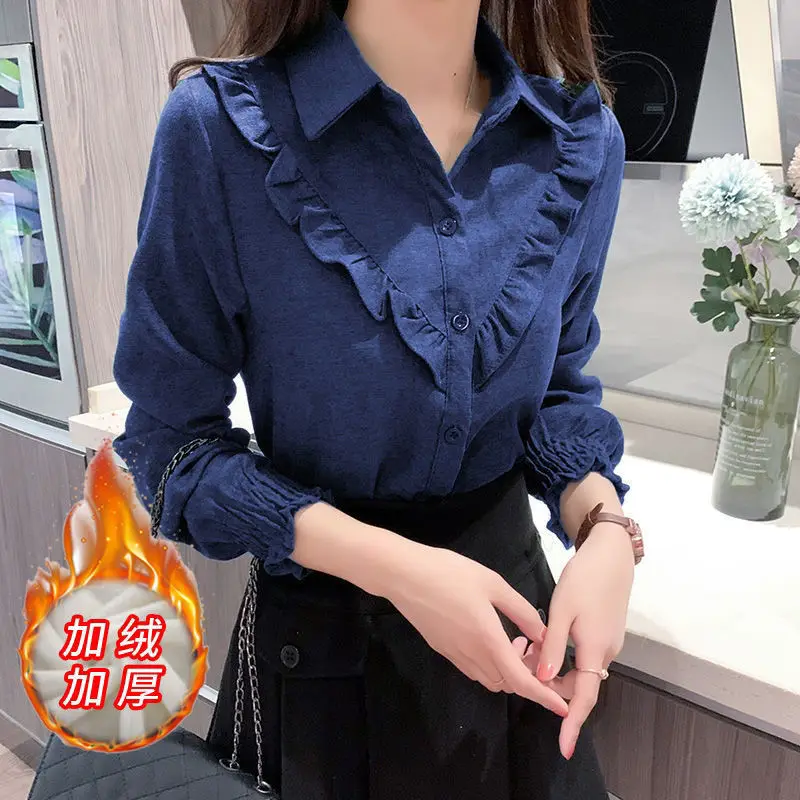 

Corduroy Fleece Shirt 2024 Women Solid Long Sleeve Ruffles Tops Female Winter Fleece Casual Warm Blouse Autumn Elegant Clothes