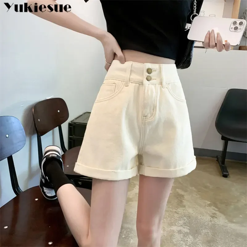 Harajuku BF ample Style coréen nouveau Vintage loisirs Streetwear pantalons d'été femmes jambes larges Shorts Denim bouton-mouche taille haute