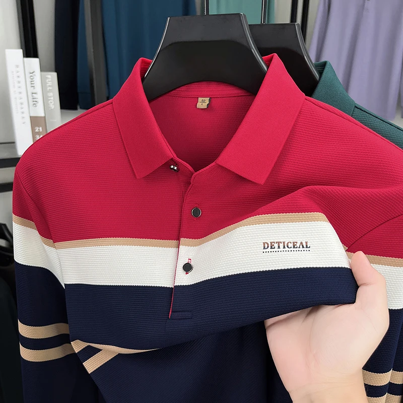 الراقية العلامة التجارية رسالة مطبوعة قميص بولو بأكمام طويلة الرجال في الربيع والخريف جديد عادية وأزياء مخطط التلبيب تي شيرت #2