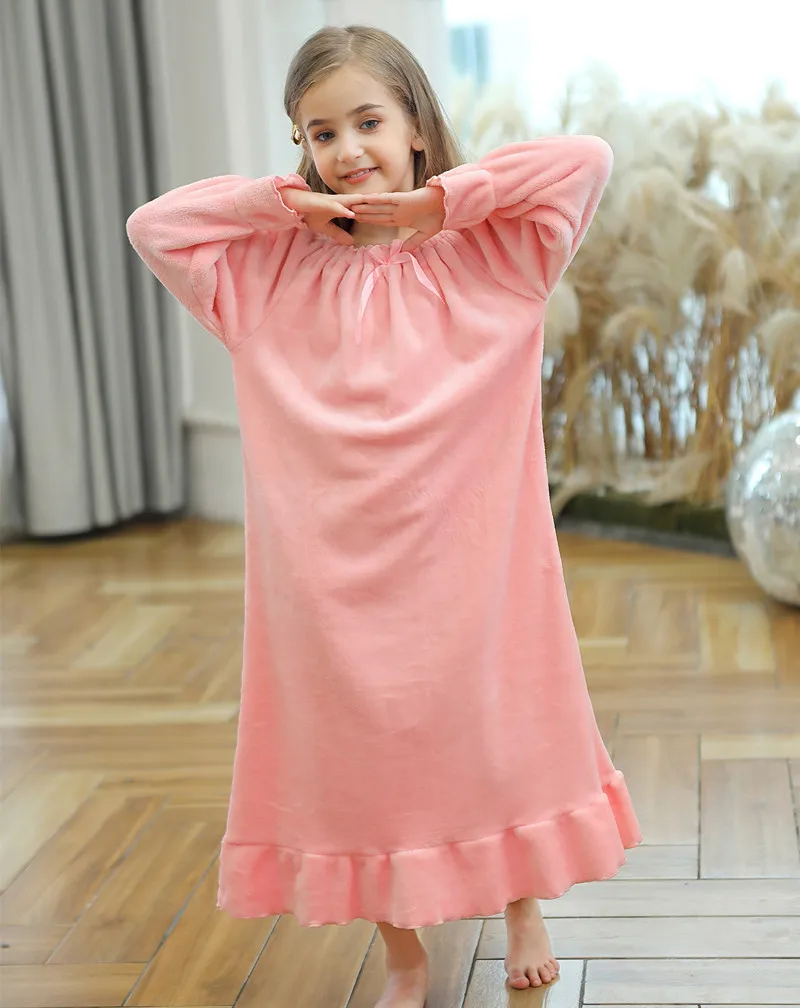 Girls Sleepwear Kids Nightgown White Nightdress Pajamas For Children\'s Flannel Double Fleece Long Princess 2023 Autumn Winter