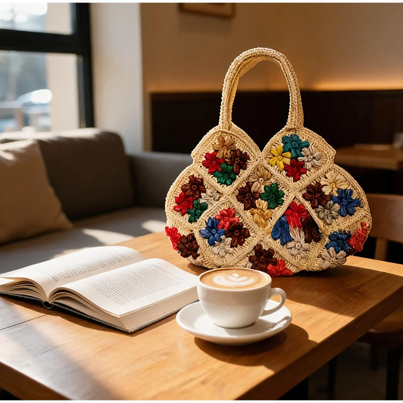 Hochwertige Handgefertigte Raffia-Schultertasche Exquisite Gewebte Stroh-Tragetasche Offene Bunte Blumen-Diamantmuster Einkaufstasche – Detail 22