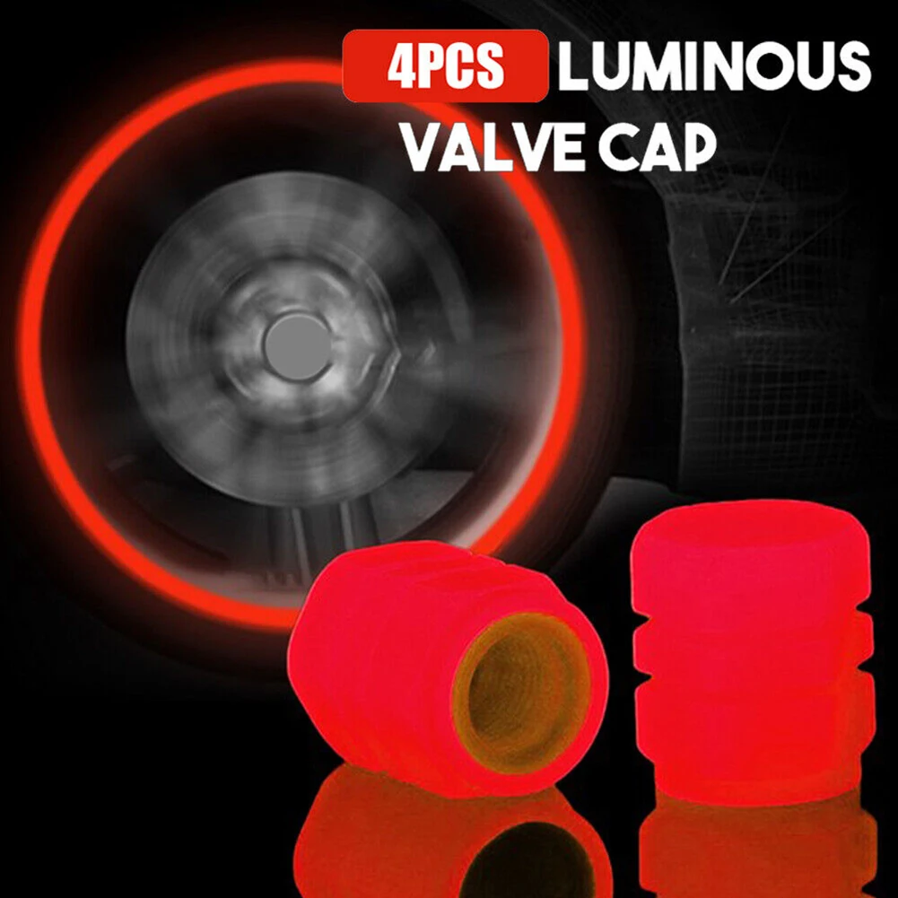 

4PCS Tire Valve Cap Red Luminous Car Wheel Dust Cover Accessories Glow In The Dark Wheel Tyre Hub Valve Stem