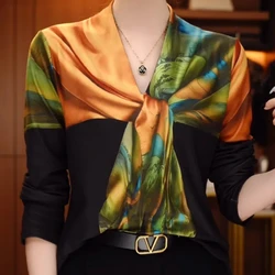 Fashion Double-sided Velvet V-neck Scarf Printed T-shirt Women Autumn Winter Warm Top Slim Fit Slimming Long Sleeved Base Shirt