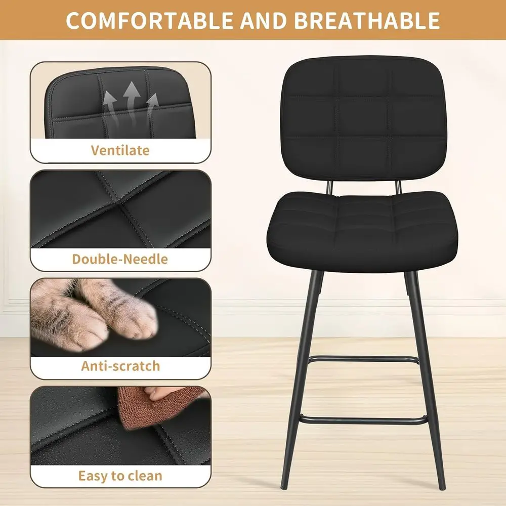 زوج من 24 مقعدًا معدنيًا منجدًا باللون الأسود مع ظهور ومساند للقدمين لتناول الطعام أو جزيرة المطبخ #4