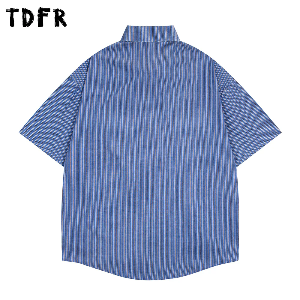 Vertical Stripes Short Sleeve Shirts Mens Embroidery Retro Casual Lapel Half-Sleeve Loose Single Breasted Curved Hem Man