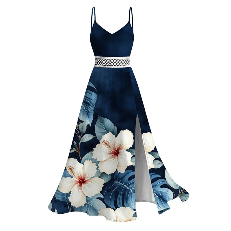 Dressfo Women's New Vacation Dress Watercolor Hibiscus Floral Leaf Print Slit Lace Hollow Out Dress vestidos para mujer