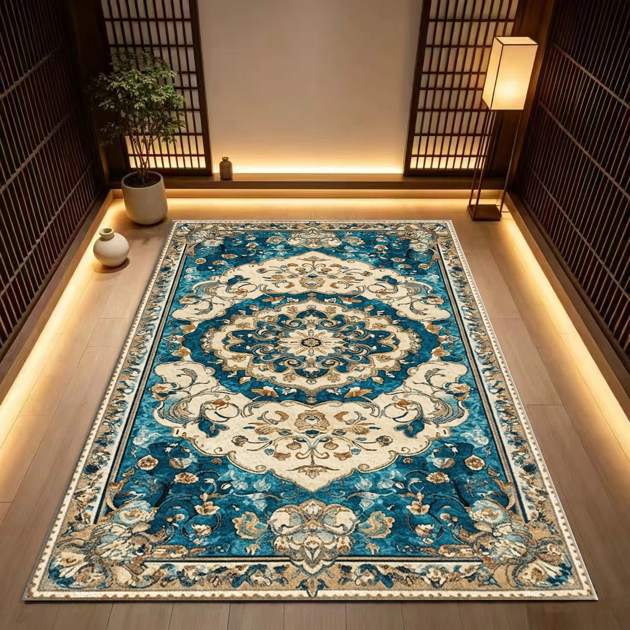 Classic Medal Pattern Oriental Style Carpet, Luxurious Vintage Large Carpet, Suitable for Living Room, Bedroom, Home Decoration